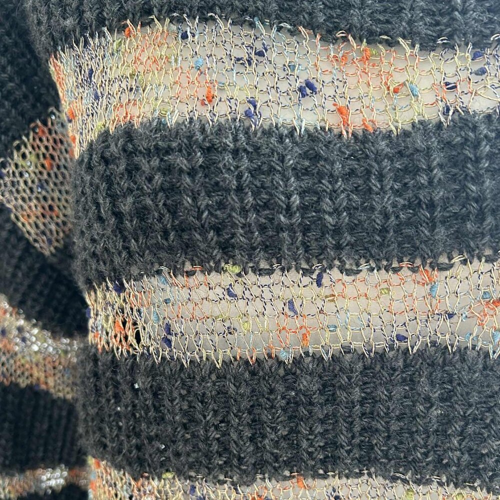 Tricotto Charcoal & Metallic Open-Knit Stripe Sweater w/ Shoulder Zippers - US M - Picture 12 of 16